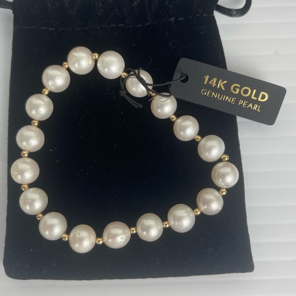 New 14K Gold Beads With Freshwater Pearl Stretch Bracelet 2.5”Diameter 15.2g